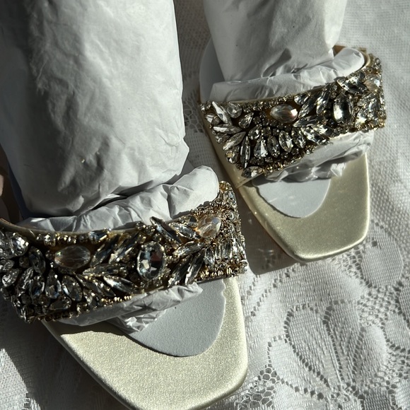 Badgley Mischka Marsha, Block Heel Rhinestone Sandals in Ivory Satin - Picture 10 of 14